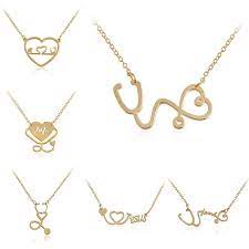 Miss Zoe Ecg Stethoscope Love You Pendant Necklace Heart Shape Rose Gold Silver Jewelry Gift For Doctor Nurse Lovers Women Men Silver Jewelry Gifts Gold Diamond Heart Necklace Mens Silver Necklace