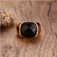 Black Carnelian Stone Signet Ring For Men Gold Color Stainless Steel Square Pink Signet Rings For Men Black Stone Ring Mens Pinky Ring