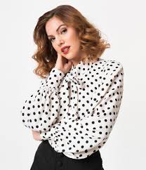 Black And White Polka Dot Blouse Unique Vintage White Black Polka Dot Crepe Neck Tie Gwen Blouse In 2020 Modern Vintage Fashion Fashion Black Polka Dot