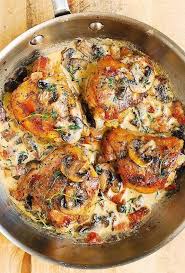 Chicken Thighs With Creamy Bacon Mushroom Thyme Sauce In 2020 Free Chicken Recipes Chicken Recipes Healthy Cooking