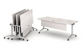 Day To Day Fliip Top Tables With T Legs And Casters Nested Together And Featuring The Modesty Pane Flip Top Table Commercial Office Furniture Table And Chairs