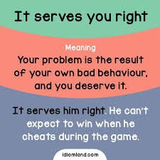 Idiom Of The Day Serve You Right Meaning Your Problem Is The Result Of Your Own Bad Behaviour And English Idioms English Vocabulary Words English Phrases