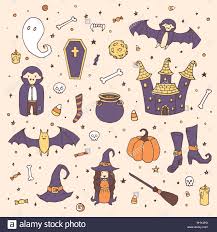 Vektor Halloween Set Mit Kurbisse Geister Vampire Hexe Hut Besen Kessel Haus Fledermause Knochen Schadeln Und Candy Corn In Skizze Stil Hand Zeichnen Stock Vektorgrafik Alamy