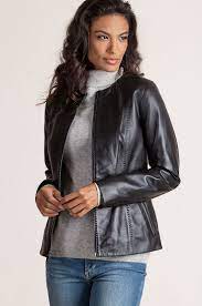 Smooth Lambskin Leather With A Fine Sheen A Collarless Neckline And Pick Stitch Detai Collarless Leather Jacket Lambskin Leather Jacket Leather Jackets Women