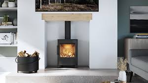 A scandinavian wood stove heats a modern space with an open floorplan. Wiking Homepage Wiking
