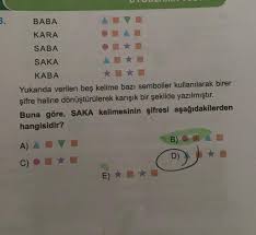 B. BABA KARA SABA SAKA KABA Yukarıda verilen beş kelime bazı semboller  kullanılarak birer şifre haline