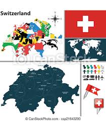 Switzerland is known for its mountains but it also has a central plateau of rolling hills, plains, and large lakes. Map Of Switzerland Vector Map Of Switzerland With Regions With Flags And Location On World Map Canstock