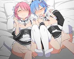 itose ikuto, ram (re:zero), rem (re:zero), re:zero kara hajimeru isekai  seikatsu, white legwear, 10s, 2girls, blue hair, blush, breasts, breath,  closed eyes, clothes pull, clothing aside, dress, dress pull, dress tug,  fingering,