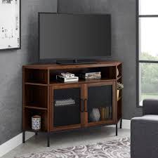 Welwick Designs Dark Walnut Industrial Corner Tv Console For Tv S Up To 52 In Hd8188 The Home Depot Corner Tv Console Corner Tv Corner Tv Stand