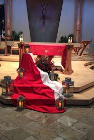 Pentecost banner, ribbons of varying widths, table runner from dollar tree, felt cut out doves, made 4 for less than $30, pentecost decorations. Pentecost Seven Pillars Notre Dame Catholic Church 2015 Church Altar Decorations Pentecost Altar Decorations
