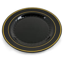 Black And Gold Plastic Plates Fineline Silver Splendor 506 Bkg 6 Black Plastic Plate With Gold Bands 15 Pack Black Plastic Plates Gold Bands Plastic Plates