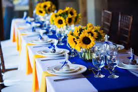 Wooden slab centerpiece and table number. Sunflowers And Blue Table Wedding Day Pinterest Sunflower Wedding Blue Themed Wedding Blue Sunflower Wedding