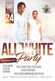 The design is made up of large, 3d floating title text, a small header image and 2 footer blocks for placing images of your night's dj's. White Party Royal Esquire Club