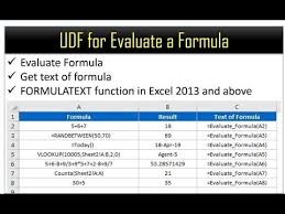 Vba User Defined Function To Evaluate A Formula Get The Text Of Formula Formulatext Function Youtube Excel Dashboard Templates Evaluation Formula