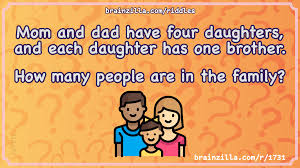 Start your day with our special riddle of the day. Mom And Dad Have Four Daughters And Each Daughter Has One Brother Riddle Answer Brainzilla