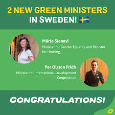 Förhandsfavoriten märta stenevi valdes i dag till nytt kvinnligt språkrör för miljöpartiet. European Greens Great News From Sweden Two New Green Ministers From Miljopartiet De Grona The Swedish Green Party Joined The Government Good Luck Marta Stenevi And Per Olsson Fridh