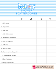 Baby Shower Scattergories Game Using The Word Baby In Blue Color Free Printable Baby Shower Games Baby Shower Questions Baby Shower Activities