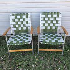 Vintage Telescope Folding Aluminum Webbed Lawn Chair Set Wood Handles Retro Lawn Chairs Aluminum Chairs Chair