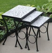 Cement Outdoor Nesting Side Tables With White Mosaic Design Set Of 3 Outdoor Patio Side Table Patio Side Table Accent Side Table