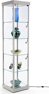 The upper portion of the cabinet is a showcase with a glass door and sides. Silver Tempered Glass Tower Showcase 4 Shelves