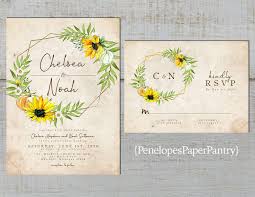 Simple Rustic Sunflower Geometric Frame Fall Wedding Invitation Sunflowers Pumpkins Sunflower Wedding Invitations Wedding Invitations Fall Wedding Invitations