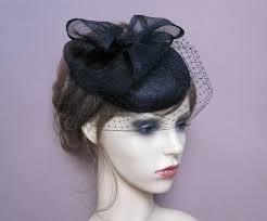Black Button Pillbox Hat Fascinator With Short Birdcage Veil Etsy Fascinator Pillbox Hat Funeral Hats For Women