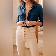 NWT Sezane Justin Straight Leg Jeans Mottled Ecru Size 2