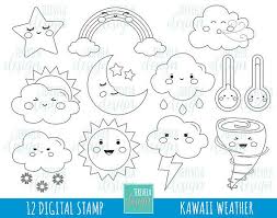 Weather Digital Stamps Kawaii Weather Commercial Use Weather Coloring Page Rainbow Cloud Rain Sun Moon Storm Thermometer Star Digital Stamps Kawaii Weather Coloring Pages