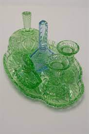 Sold Price Art Deco Green Glass Dressing Table Set Blue Glass Perfume Bottle Six In All October 6 0117 10 00 Am Bst Vintage Green Glass Glass Perfume Bottle Green Glassware