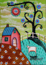 Pink House 5x7inch Original Canvas Panel Painting Folk Art Landscape Karla G Folkartabstractprimitive Folk Art Whimsical Art Naive Art