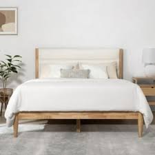 Baxton Studio Elston King Platform Bed with Woven Headboard & Turned Legs,  Ash Walnut
