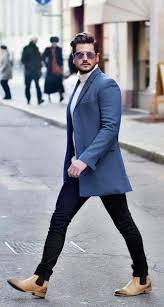 Men S Blue Overcoat White Knit Turtleneck Black Skinny Jeans Tan Leather Chelsea Boots Mens Outfits Mens Clothing Styles Blazer Outfits Men