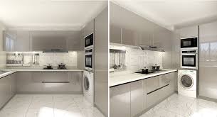 A compact washer/dryer set sits behind blue aluminum cabinet doors in amy lindburg's kitchen. Oppein Kitchen In Africa L Shaped Gray Lacquer Kitchen Cabinet Op18 L02