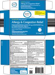 Loratadine 5 mg and pseudoephedrine sulfate 120 mg; Buy Signature Care Allergy And Congestion Relief Loratadine Pseudoephedrine Sulfate 5 120 Mg 1 Mg 1 Safeway