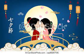 Chinese qixi festival falls on the 7th day of the 7th lunar month, so the date on gregorian calendar changes every year. Postcard Qixi Festival Or Tanabata Vector Illustration Meeting Of The Cowherd And Weaver Woman In The Beautiful Night Sky Canstock