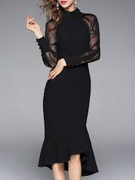 Stylewe Black Midi Dress Flounce Daytime Dress Long Sleeve Paneled Solid Dress Dresses Buy Midi Dress Solid Midi Dress