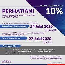 Tetapi koperasi tentera malaysia berhad mempunyai nisbah operasi yang lebih rendah 4.63 (2012) dan 4.42 (2011) daripada koperasi felda dan koperasi tentera malaysia berhad juga berlaku penurunan dalam pemberian dividen sebanyak 1 peratus di mana pada tahun 2012 dividen yang. Royal Malaysian Navy On Twitter Pembayaran Dividen 2019 Koperasi Tentera Ahli Koperasi Boleh Mula Membuat Semakan Melalui 1 Sms 2 Cawangan Kt Berdekatan 3 Pusat Perkhidmatan Pelanggan Kt Melalui Talian 1 300 8000 58 4