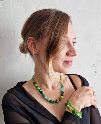 Shiny Green Beaded Bracelet and Necklace Set With Gold Closure