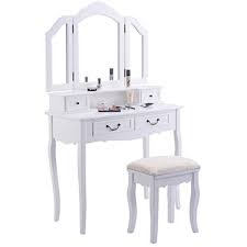 Black And White Vanity Table Giantex Tri Folding Mirror Black Wood Bathroom Vanity Set Makeup Table Dresser 4 Drawers Stool Whi Vanity Chair Bathroom Vanity Chair Modern Bathroom Vanity