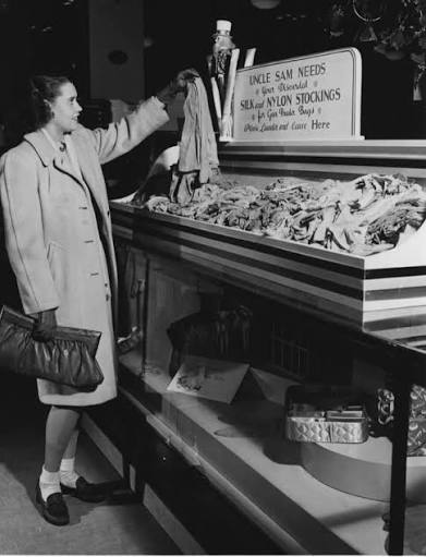 1942- A call to donate old silk and nylon stockings. The nylon production was redirected for military use. Nylons are made from strong, tough, and very durable thermoplastic polymer that could be