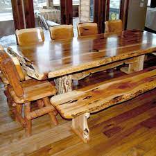 We carry solid red cedar log beds, bunk beds, dressers, nightstands, dining tables, chairs, coffee tables and more. Juniper Hybrid Dining Table Bench Set Log Home Kitchens Kitchen Table Settings Furniture