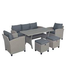 6 Piece Outdoor Wicker Sets Rattan Wicker Patio Furniture With 3 Seat Sofa Wicker Chairs Stools Dining Table All Weather Patio Dining Set With Cushions For Sectional Patio Furniture Rattan Corner Sofa Wicker