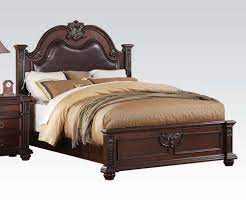 California King Cherry Wood Frame King Poster Panel Bed With Decorative Wood Carving In Cherry 21307ek Furniture Acme Furniture Upholstered Sleigh Bed