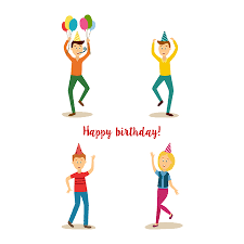 Vector Cartoon Verjaardag Partij Scenes Instellen Man En Meisje In Feest Hoed Plezier Dansen Meisje Presenteren Huidige Vak Aan Vrouw In Roze Jurk Illustratie Op Een Witte Achtergrond Royalty Vrije Svg Cliparts