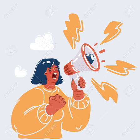 Ilustração de uma mulher segurando um megafone próximo à boca e falando com expressão de entusiasmo. Ela usa uma blusa laranja e tem cabelos escuros na altura dos ombros. Ao redor do megafone aparecem símbolos estilizados que representam ondas ou sons sendo emitidos, reforçando a ideia de voz, comunicação e som.