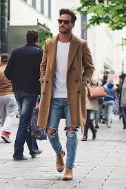 Black And Brown Outfits Men Men S Brown Suede Chelsea Boots Blue Ripped Skinny Jeans White Crew Neck T Shirt Brown Overcoat Mens Outfits Mens Fashion Men Looks