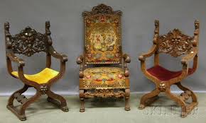 Two Italian Renaissance Style Carved Oak Savonarola Chairs And A Baroque Style Needlepoint Upholstered Carved Walnut T Chair Throne Chair Upholstered Furniture