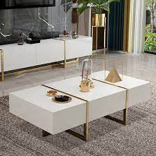 Rectangular Coffee Table White Coffee Table With Drawers Table With Storage Gold Metal Center Table Living Room Table Decor Living Room Coffee Table White
