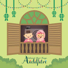 Muslims also greet one another with maaf zahir dan batin. Hari Raya Aidilfitri Vector Illustration Cute Muslim Boy And Wall Mural Murals Eid Window Frame Malay Myloview Com
