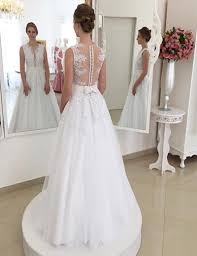 Welche bh passt zu einem rückenfreien kleid? A Linie Juwel Lang Illusion Rucken Brautkleid Mit Schleife Applikationen Perlen Dresstells Com